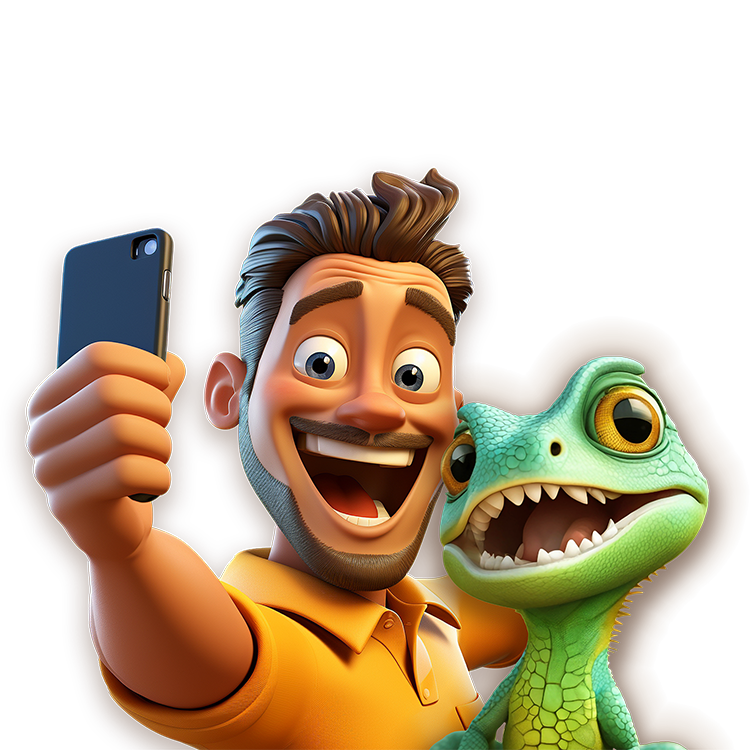 RRK #myreptilepic campaign graphic, showing a cartoon man taking a selfie with pet reptile