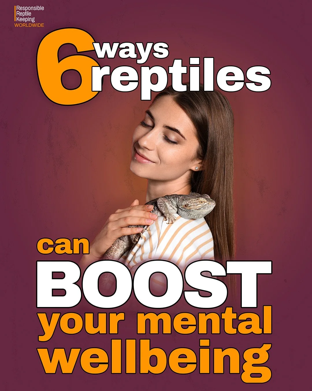 Social media post promoting “6 ways reptiles can boost your mental wellbeing”, showing a woman holding a bearded dragon.