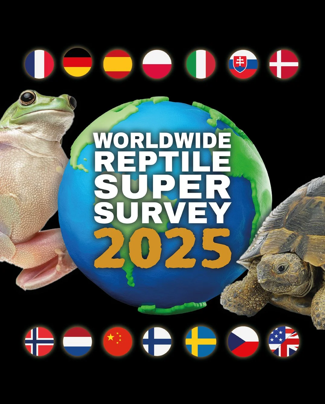 Worldwide Reptile Super Survey graphic showing a globe with international flags, a frog and a tortoise, representing global participation.