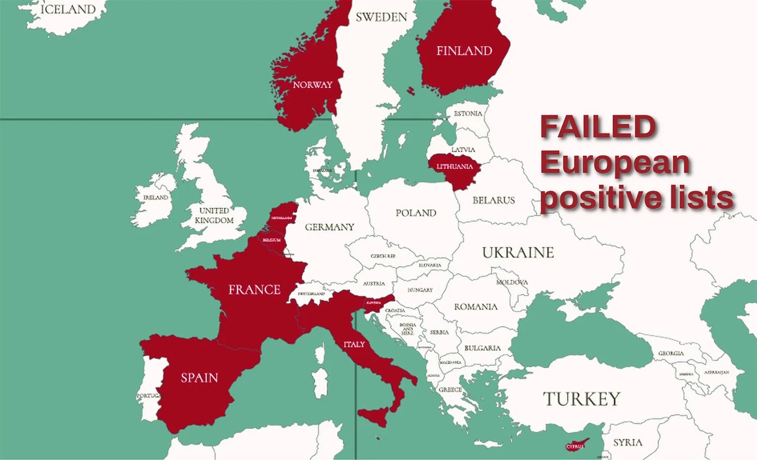 Karta över Europa som markerar länder där positivlistor misslyckats