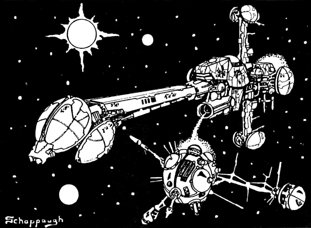 Retro black ink illustration of a Phantatwain Scout Class starship launching a stellar probe. Artist Tony Shappaugh. 