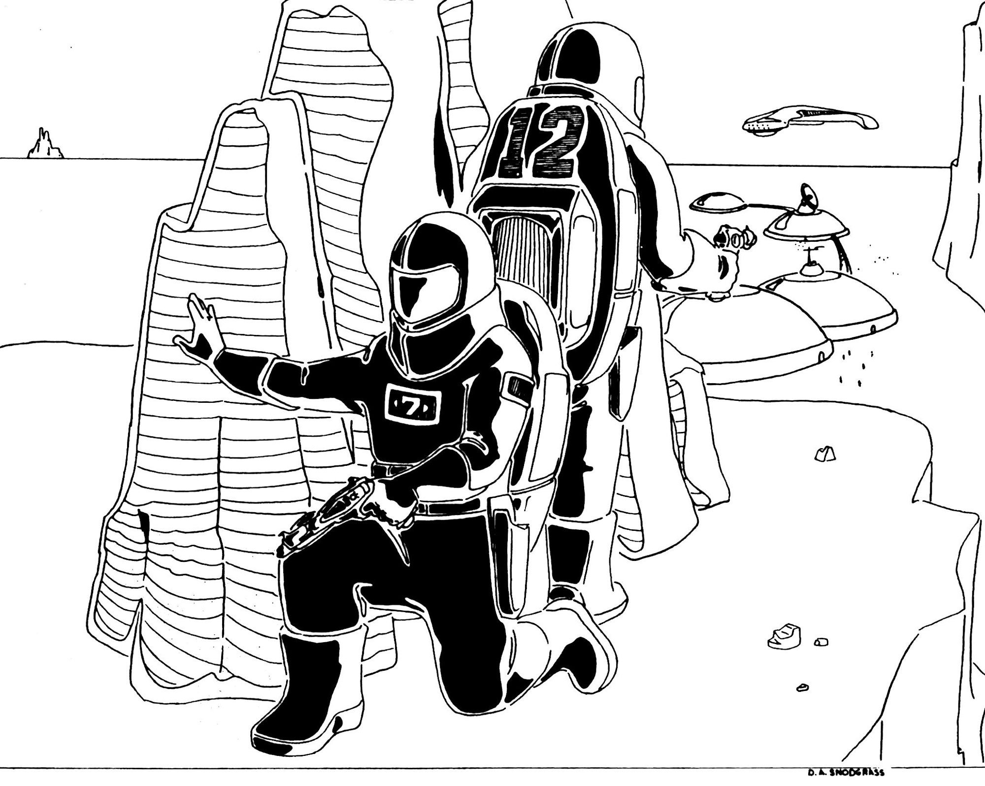  Retro black ink drawing of two armed scouts in spacesuits and helmets, overlooking an alien installation on a barren world. Artist David Snodgrass. 