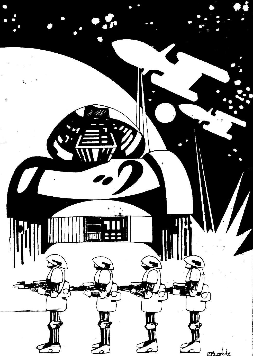  Retro black ink sketch of cyborg soldiers with starships attacking a planet in the background. By Roger Buchholz.  