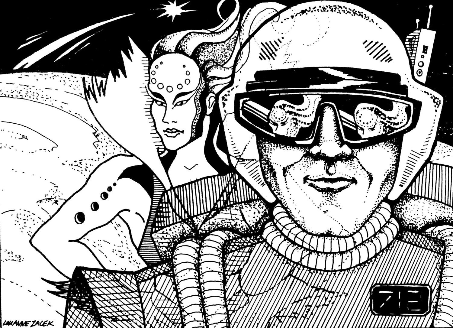  Pen and ink illustrations from the 1980s evoke the spirit of epic space adventures within the Takamo universe. 