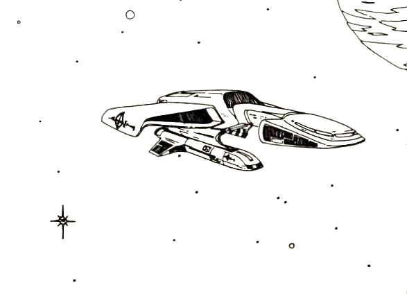 Retro black ink drawing of a Lancer Class warship in deep space. Artist David Snodgrass. 