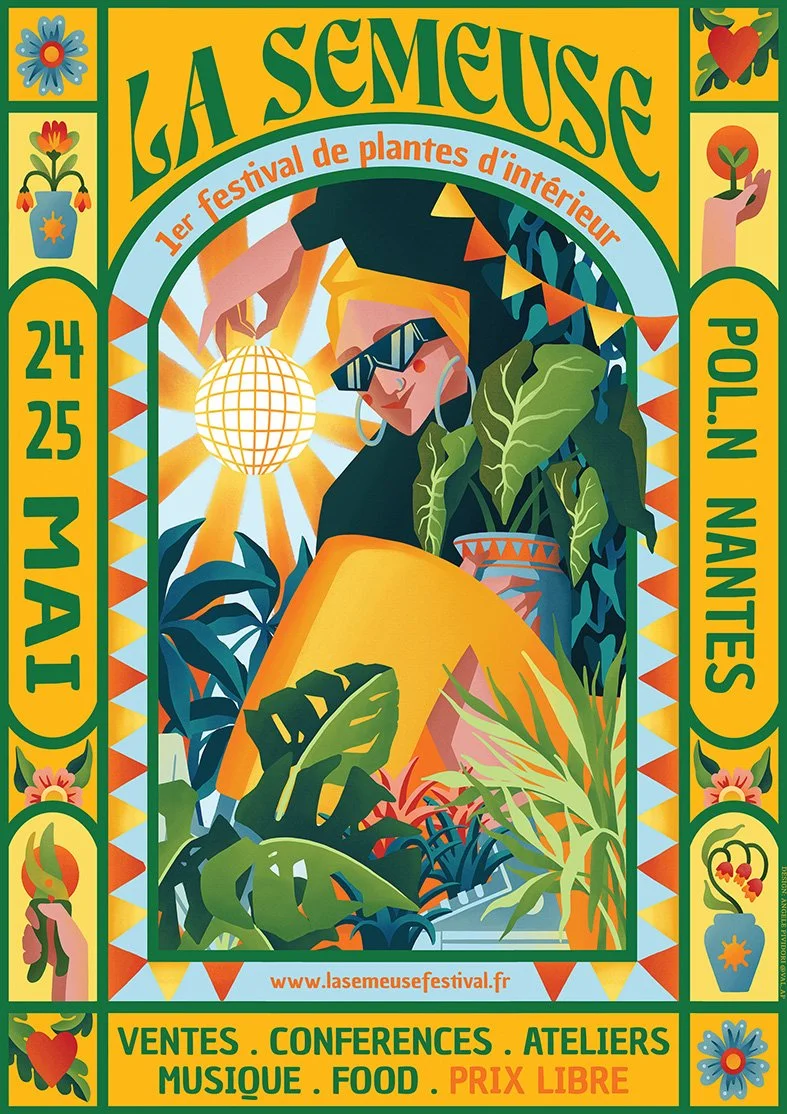 Affiche colorée pour le festival La Semeuse, mettant en scène une femme portant des lunettes de soleil dans un jardin intérieur avec des plantes, un soleil stylisé en forme de globe, et des éléments décoratifs tels que fleurs, fruits, et éléments liés à la nature, avec les détails du festival du 24 au 25 mai à Ploïn Nates.