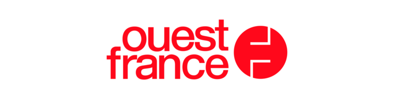 Logo d'Ouest France avec texte en rouge et blanc et symbole circulaire rouge