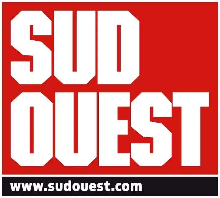 Logo de Sud Ouest avec le texte en blanc sur fond rouge et le site internet www.sudouest.com en blanc sur fond noir.