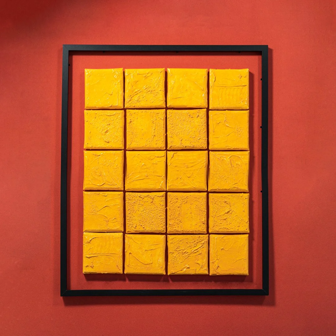 Artist: Veronika Vegesent

Title: Desertification. Unframed. 2023.

Materials: Plastic-free acrylic, sand from Helsinki, natural pigments from Lemonite mineral on linen canvas, construction made of plastic waste.

Dimensions:40 x 50 cm 15.7 x 19.1 in