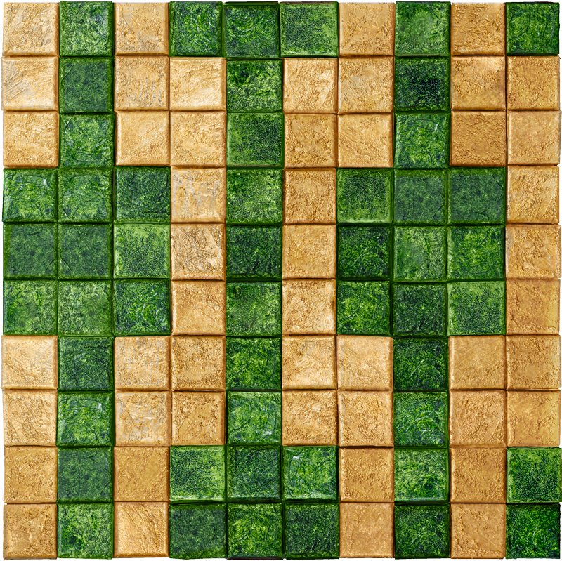 Close-up of a mosaic made of beige and green square tiles arranged in a pattern.