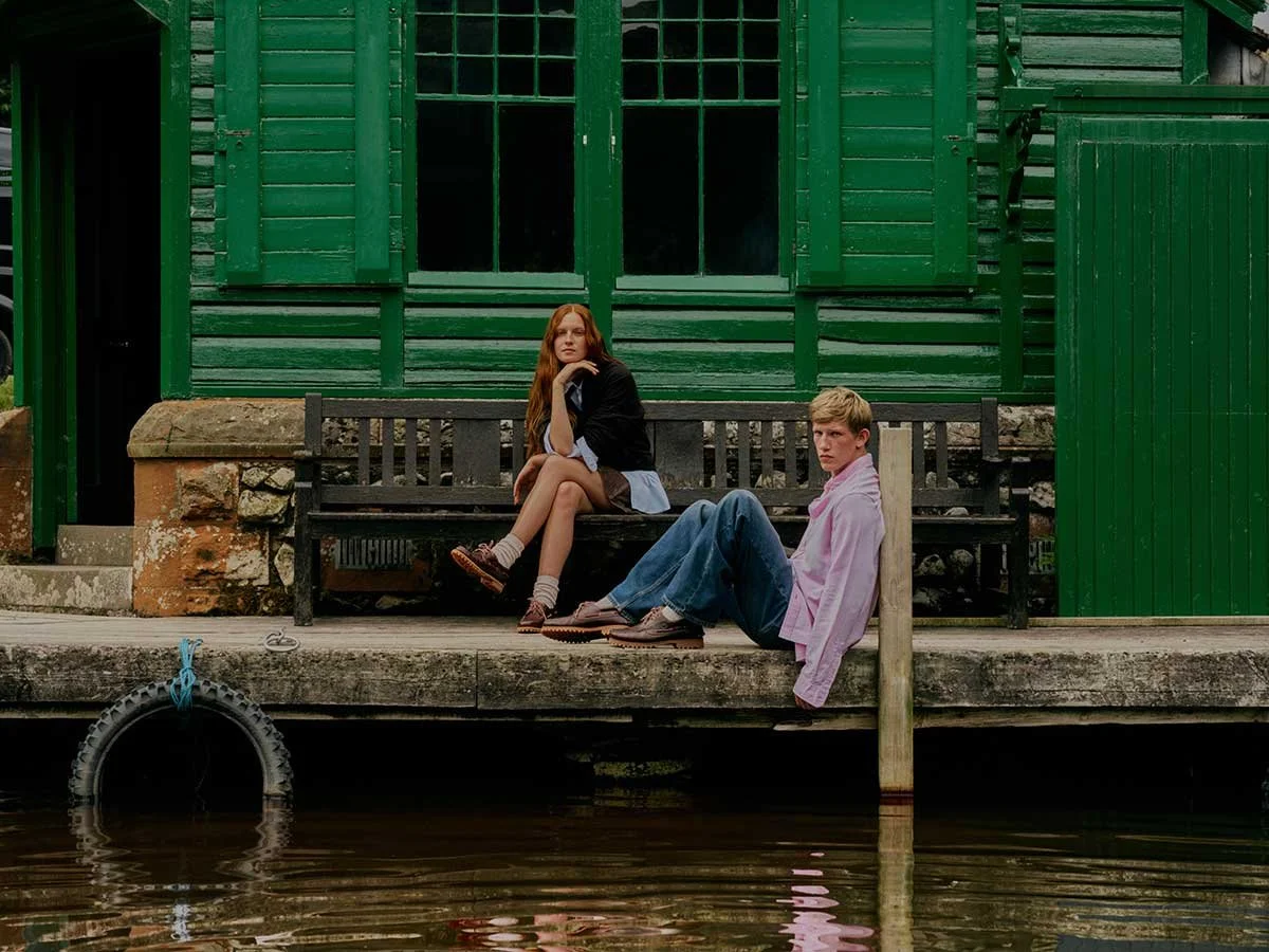 Timberland campaign makeup by Mairi Gordon, models styled in casual outerwear by water