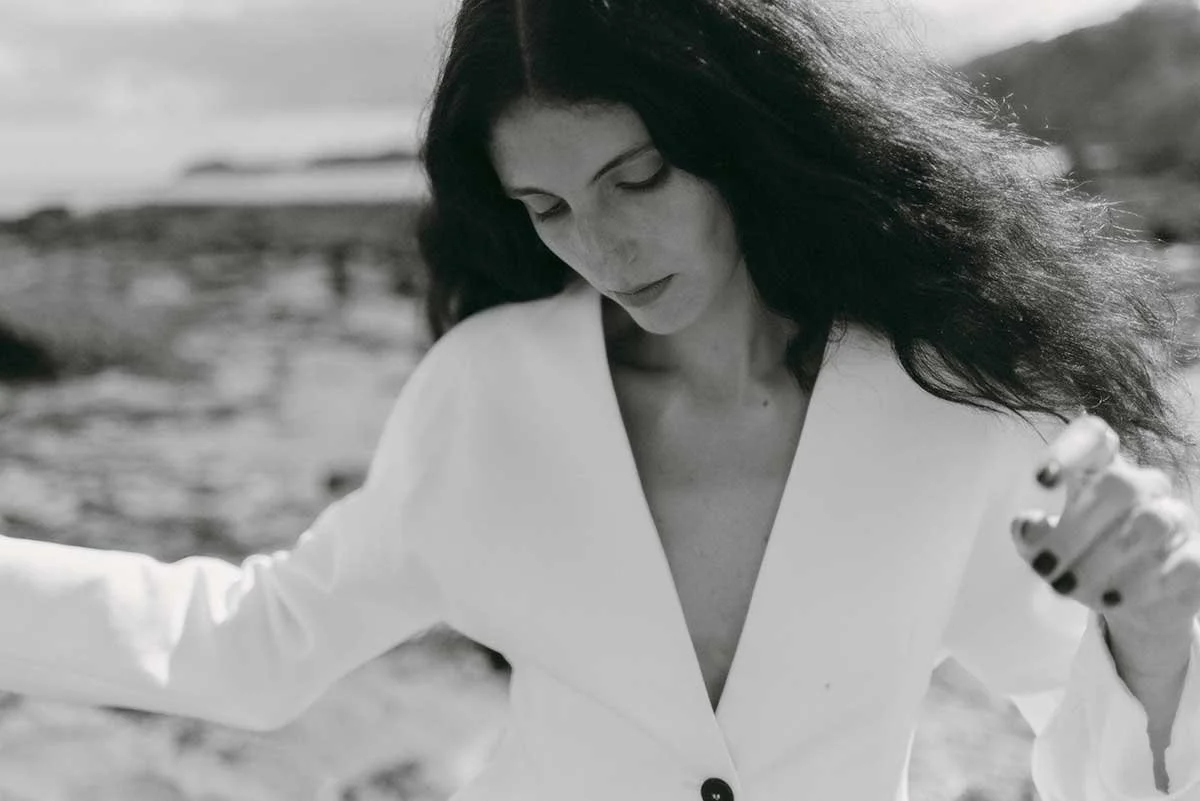 Editorial makeup look by Mairi Gordon on Lucia Fearful, shot on Seacliffs Beach