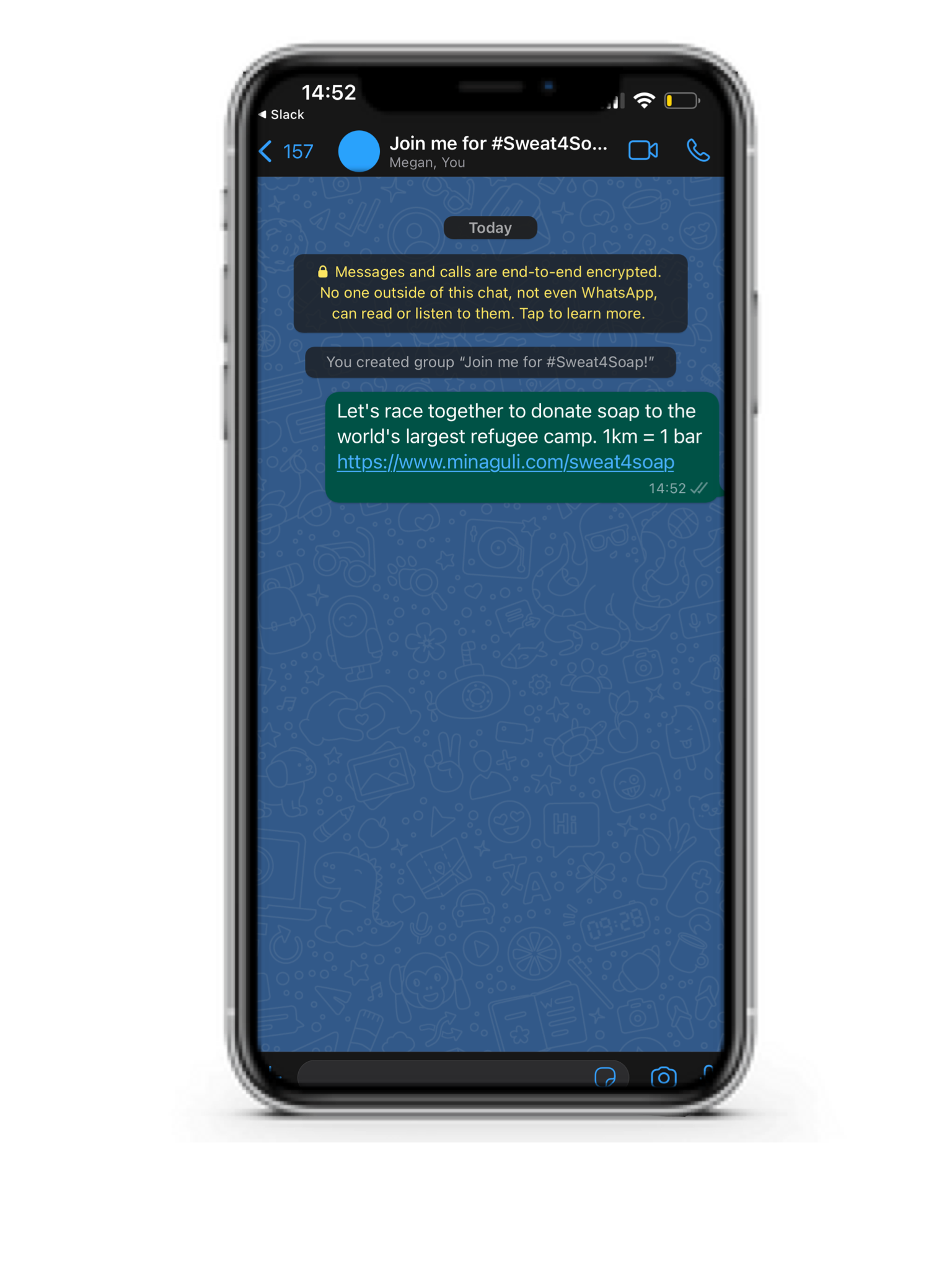 Smartphone displaying a WhatsApp group chat named 'Join me for #Sweat4Soap', with a message about racing together to donate soap to the world's largest refugee camp. Includes a link to minaguli.com/sweat4soap.