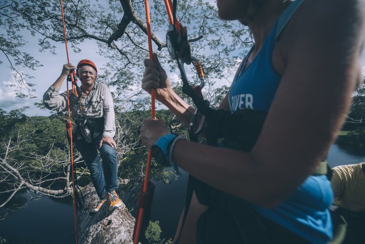 Discussing the Flying River with Dr. Bruce Forsberg, 40m up in a tree beside the Amazon river.