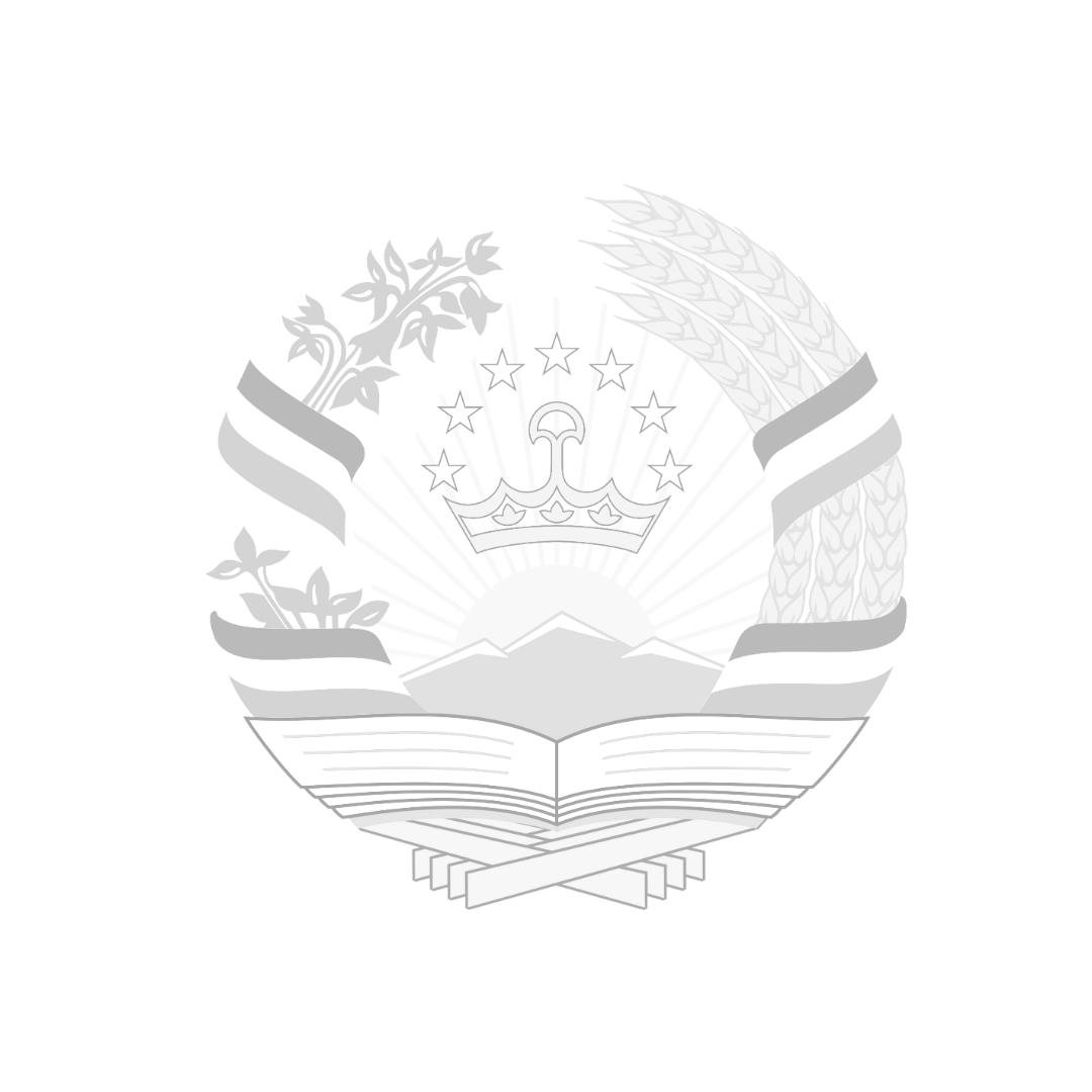 Monochrome Tajikistan national emblem featuring a sun, stars, crown, cotton, wheat, and ribbon.