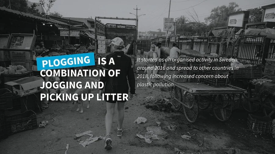 Person plogging or jogging while picking up litter in a market street; text describes plogging as a combination of jogging and litter collection.
