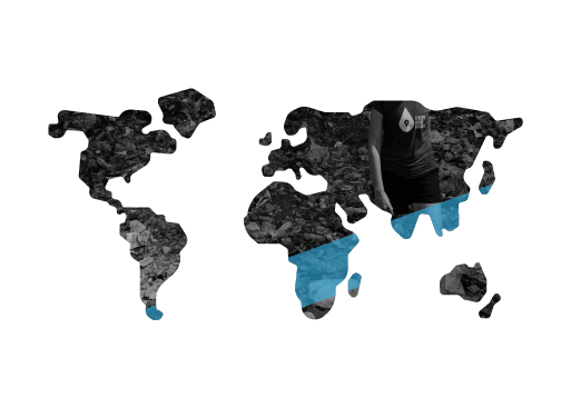 World map with land shapes filled with black-and-white trash pile imagery and ocean areas colored blue.