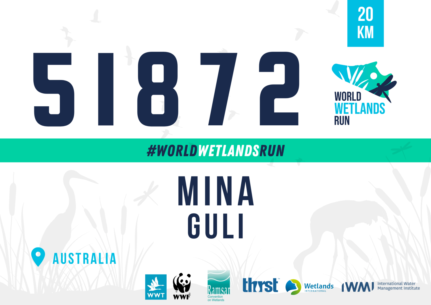 World Wetlands Run bib number 51872 for a 20 km event in Australia, featuring logos of organizations like WWF, Ramsar, and others.