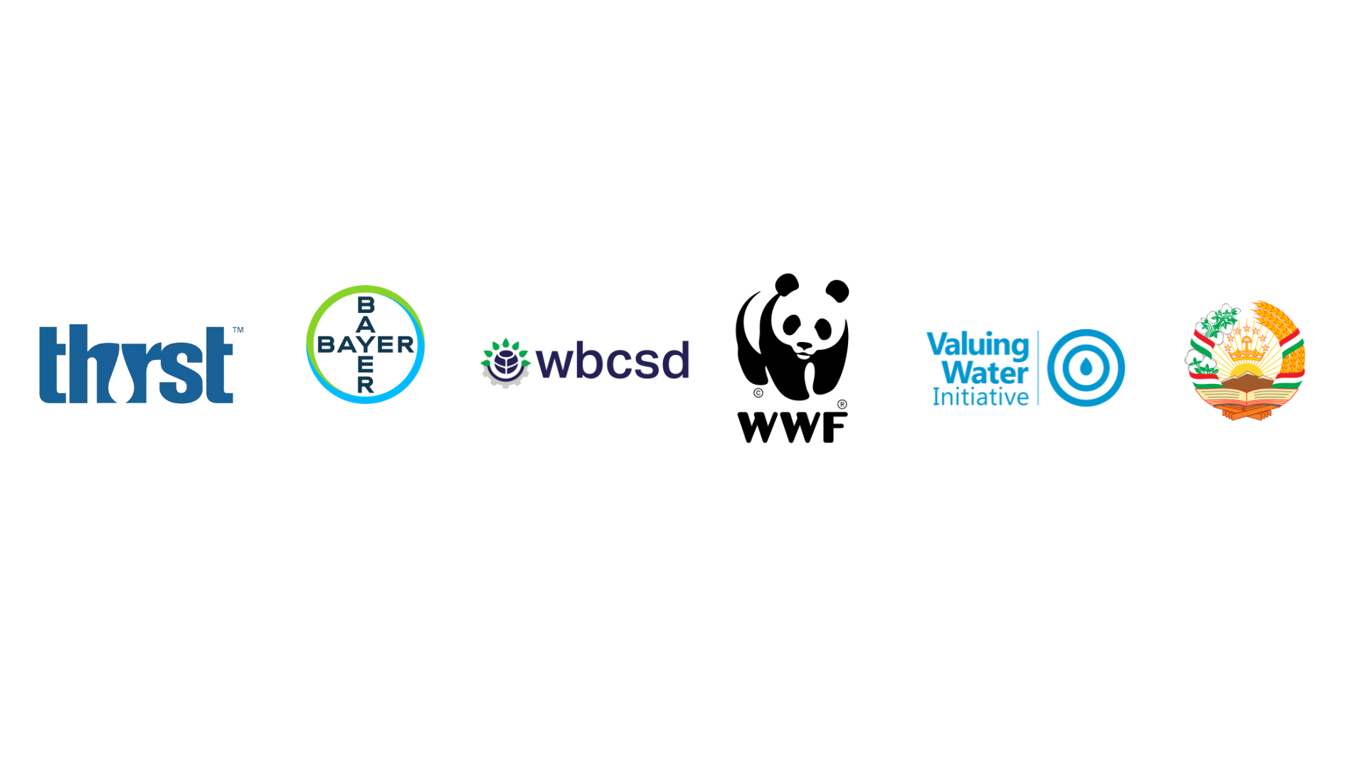 Logos of six organizations: Thirst, Bayer, WBCSD, WWF, Valuing Water Initiative, Tajikistan emblem.