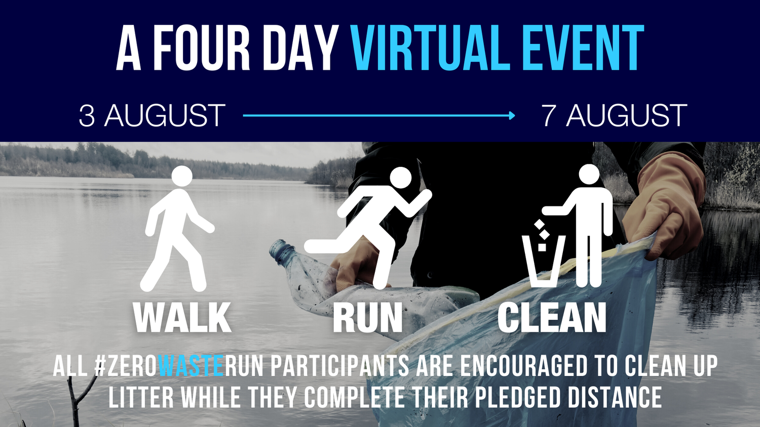 Promotional graphic for a four-day virtual event from August 3 to August 7, featuring icons for walking, running, and cleaning up litter with a background of a lake and trees.