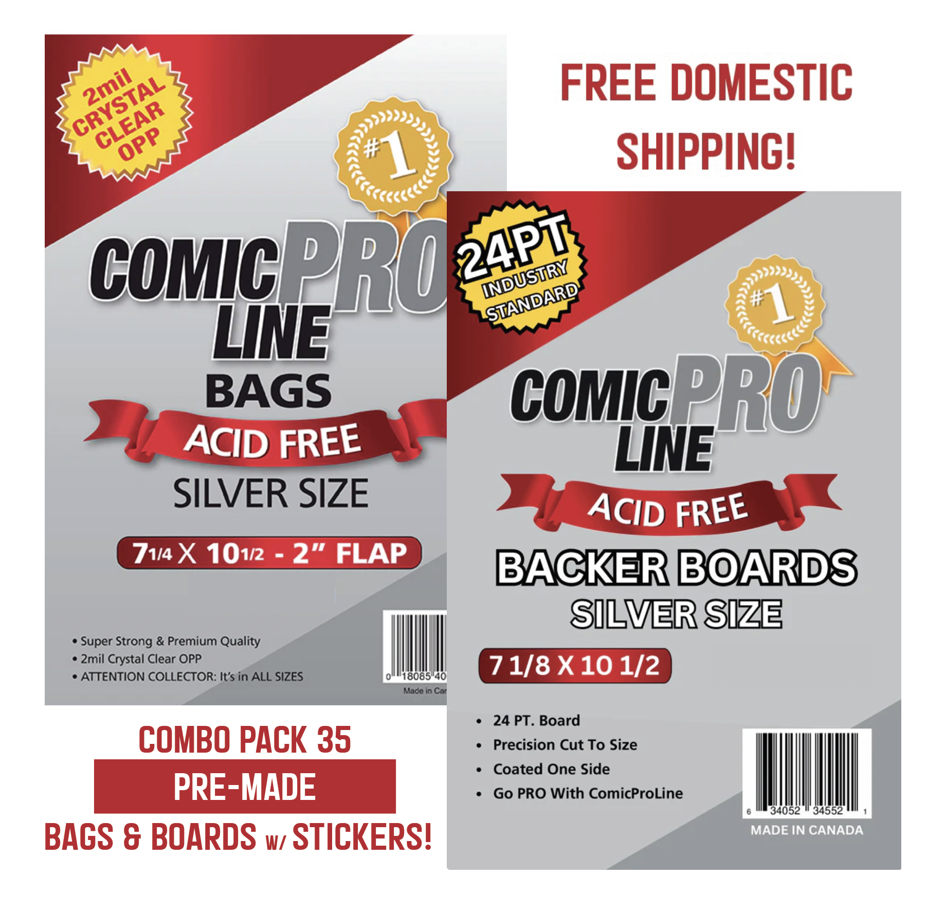 Comic ProLine PRE-MADE Silver Bags and Boards (35 Sets) with Sticker Dots