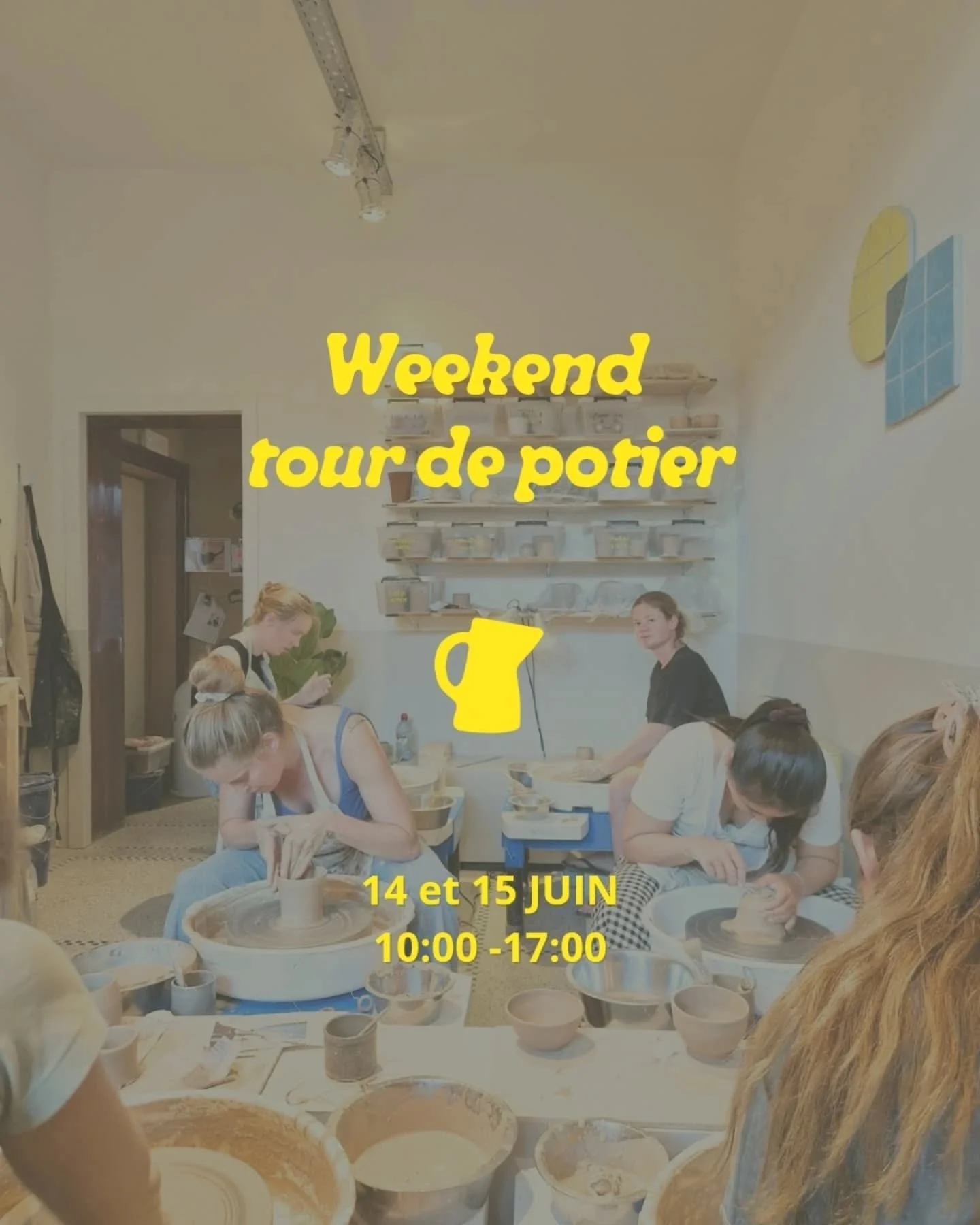 WEEKEND TOUR DE POTIER
Ce 14 et 15 juin
De 10:00 &agrave;  17:00
+
1 s&eacute;ance d'&eacute;maillage.

Tous niveaux.

Derni&egrave;re chance de s'inscrire &agrave;  un cours de tour de potier chez Potiche avant la pause estivale ;)

Petits groupes, 