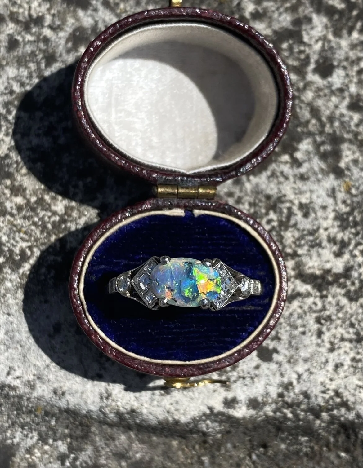 Gorgeous Opal and Diamond Art Deco Ring in Platinum Ca 1920-35