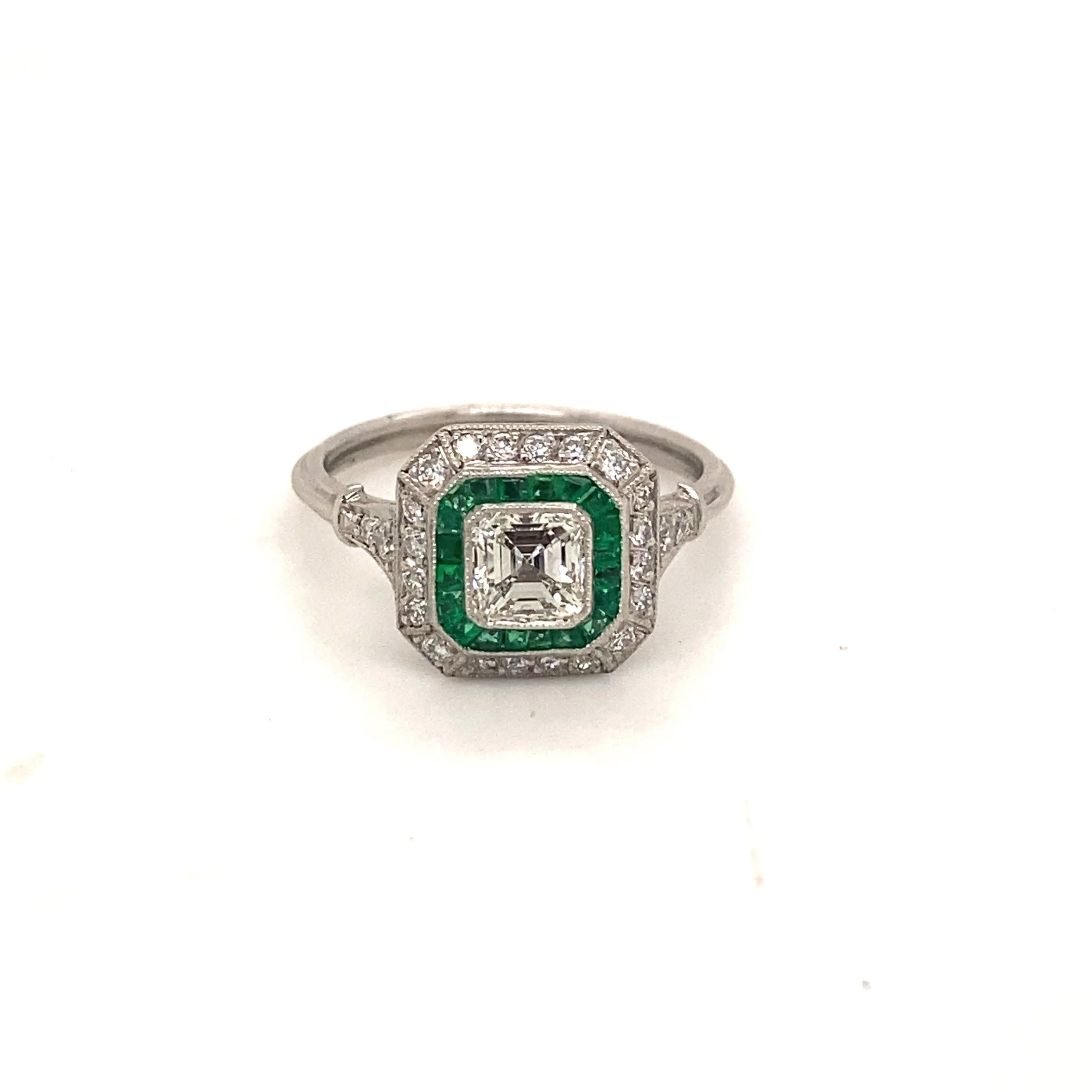 Art Deco Style Asscher Cut Diamond and Emerald Ring