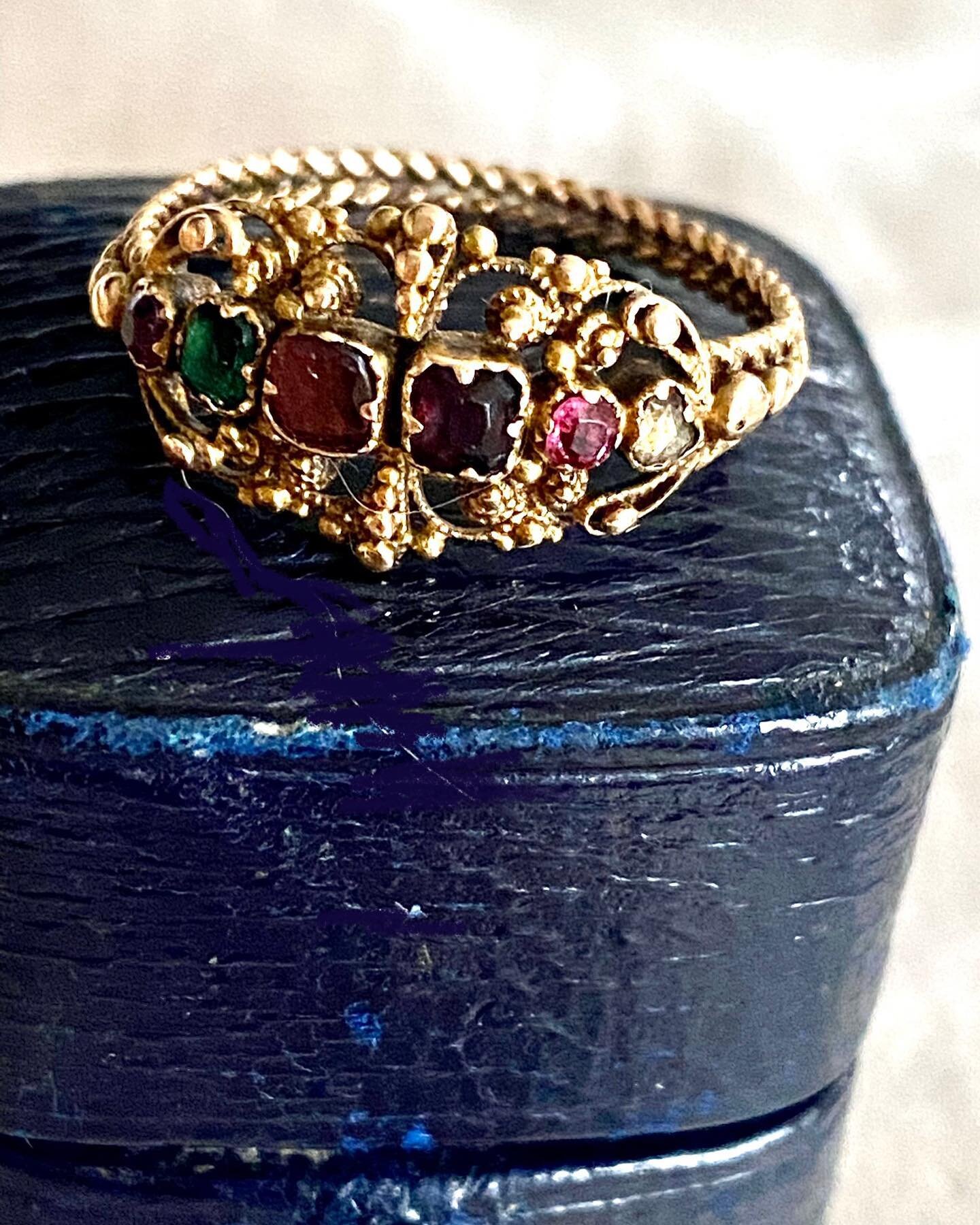 A sweet, Georgian acrostic ring in high carat gold spelling out &lsquo;Regard&rsquo; with the first letter of the gem stones ; Ruby, Emerald, Garnet, Amethyst, Ruby, Diamond. The stones are all original to the period and have not been replaced. The r