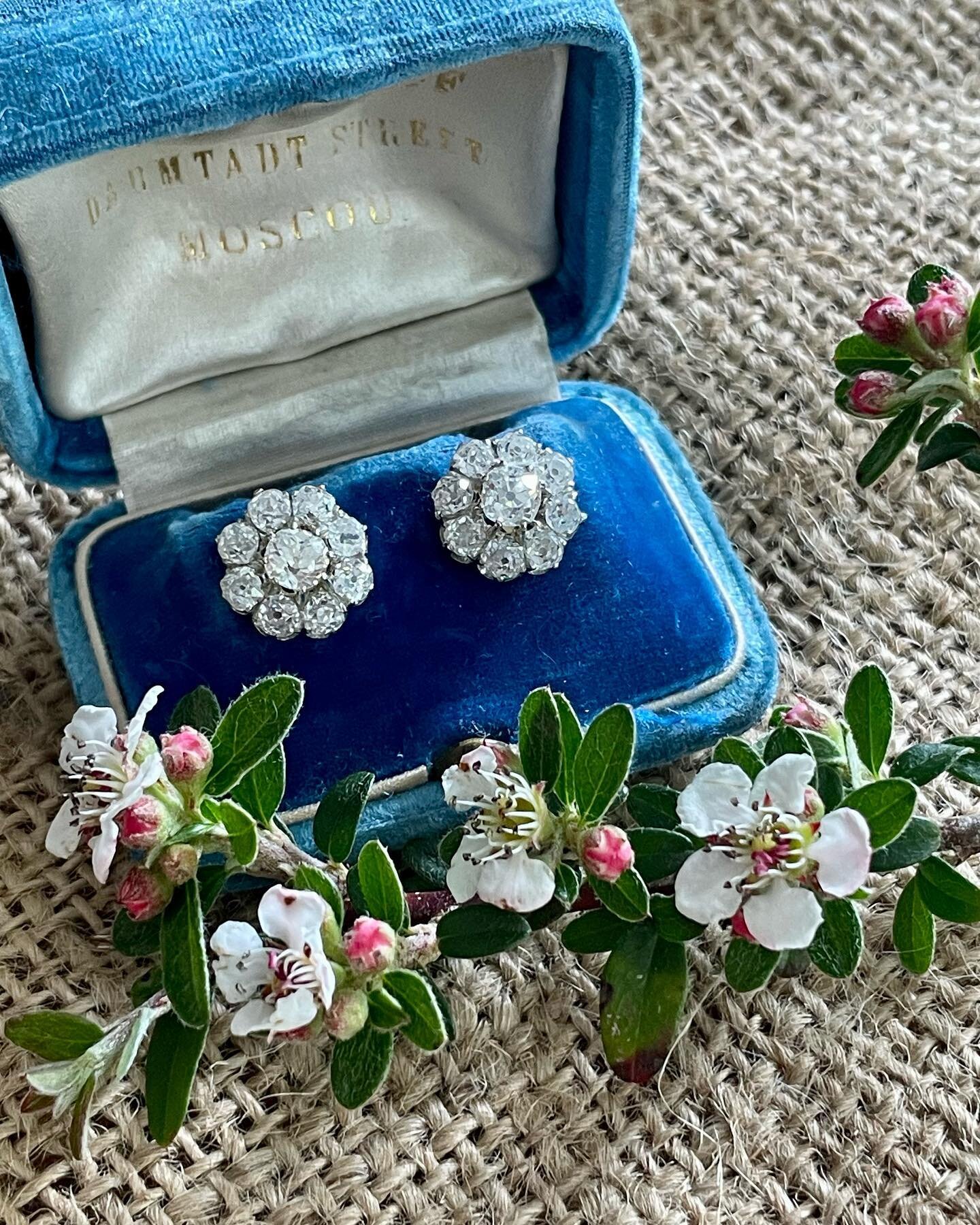 A scrumptious,antique pair of diamond cluster earrings, great for daily wear. The sparkling, chunky old mine cut diamonds are estimated to be of G colour and VS clarity (white and clean) and approximately 2cts total weight. 
These pretty, earrings ar