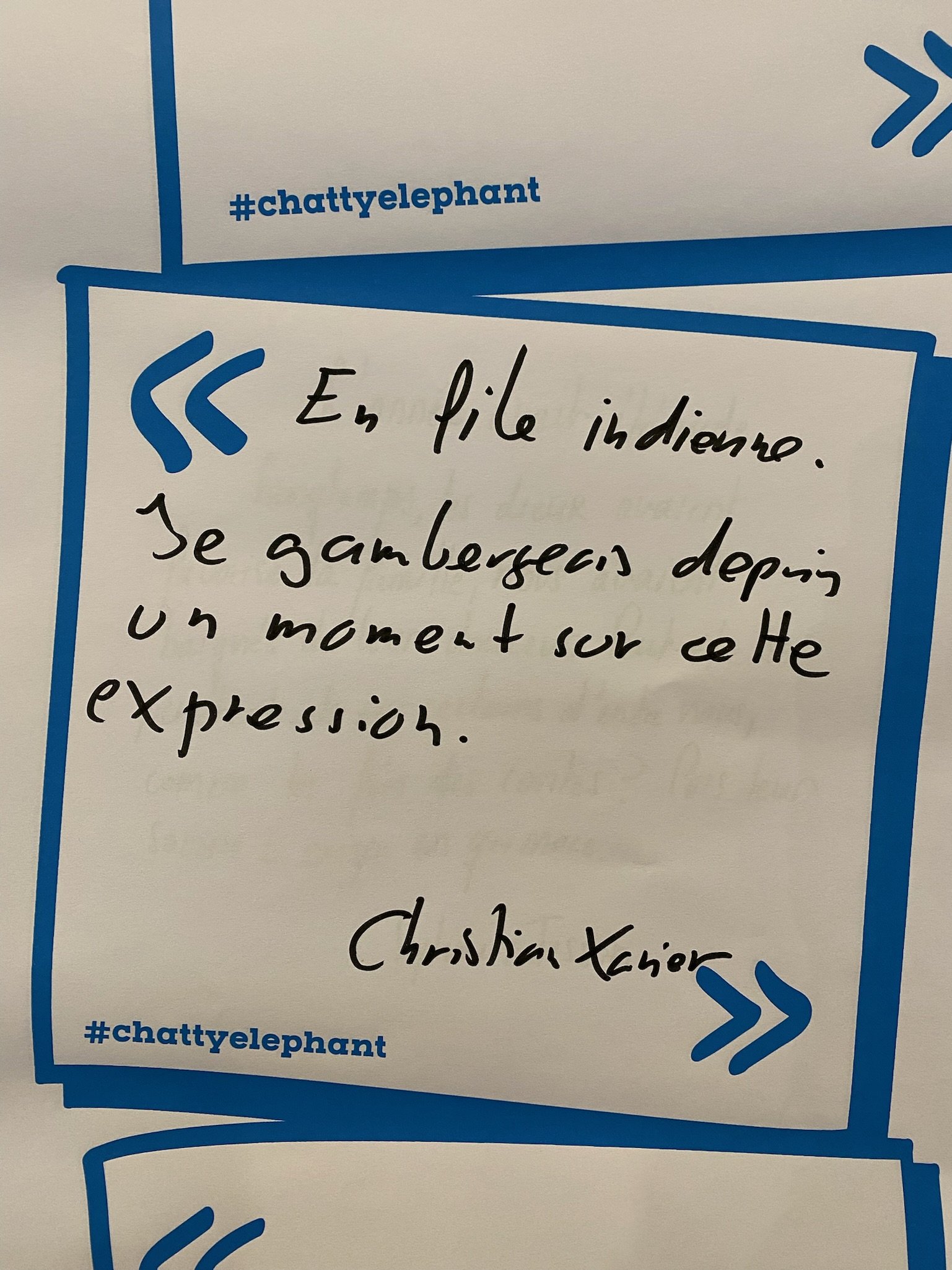Une citation écrite à la main dans une boîte encadrée bleu, disant « En pleine indienne. Se cambre dans un moment sur cette expression. » par Christian Xavior, avec le hashtag #chattyelephant en haut et en bas.