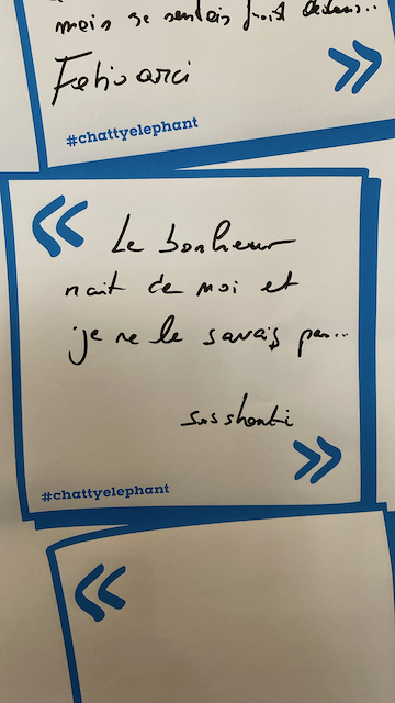 Une affiche avec des notes écrites en français dans des cadres bleus et blancs, contenant le hashtag #chattyelephant.