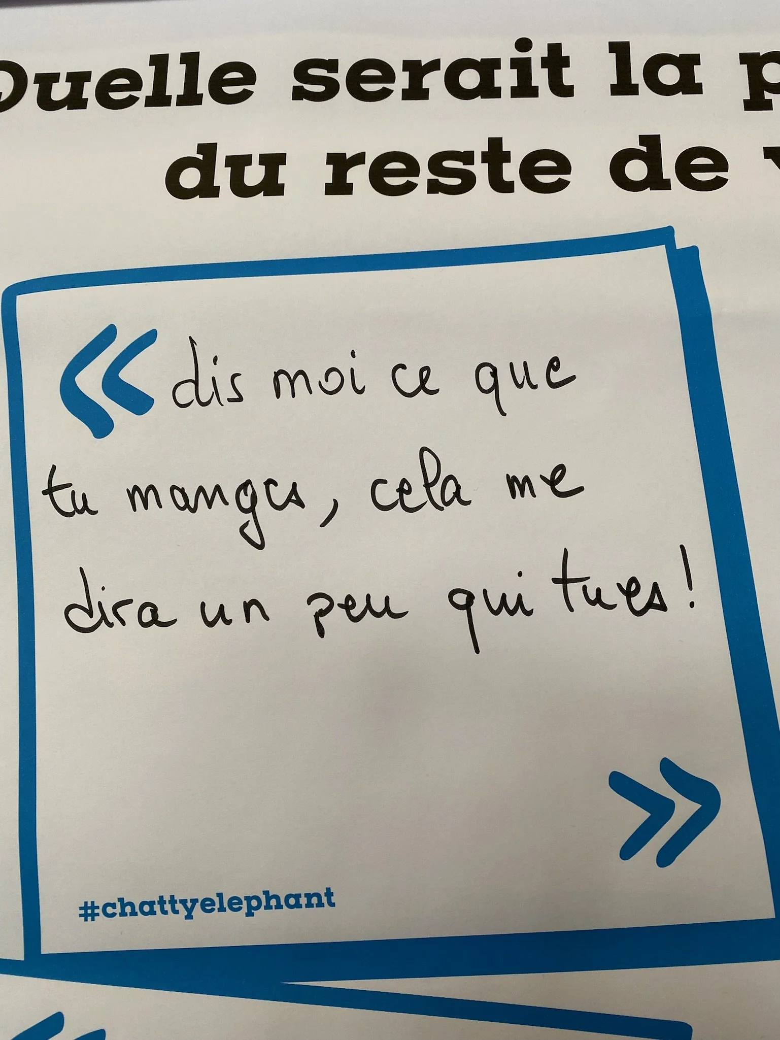 Une citation manuscrite en français à l'intérieur d'une boîte bleue, disant : « Dis moi ce que tu manges, cela me dira un peu qui tu es ! », accompagnée du hashtag #chattyelephant.