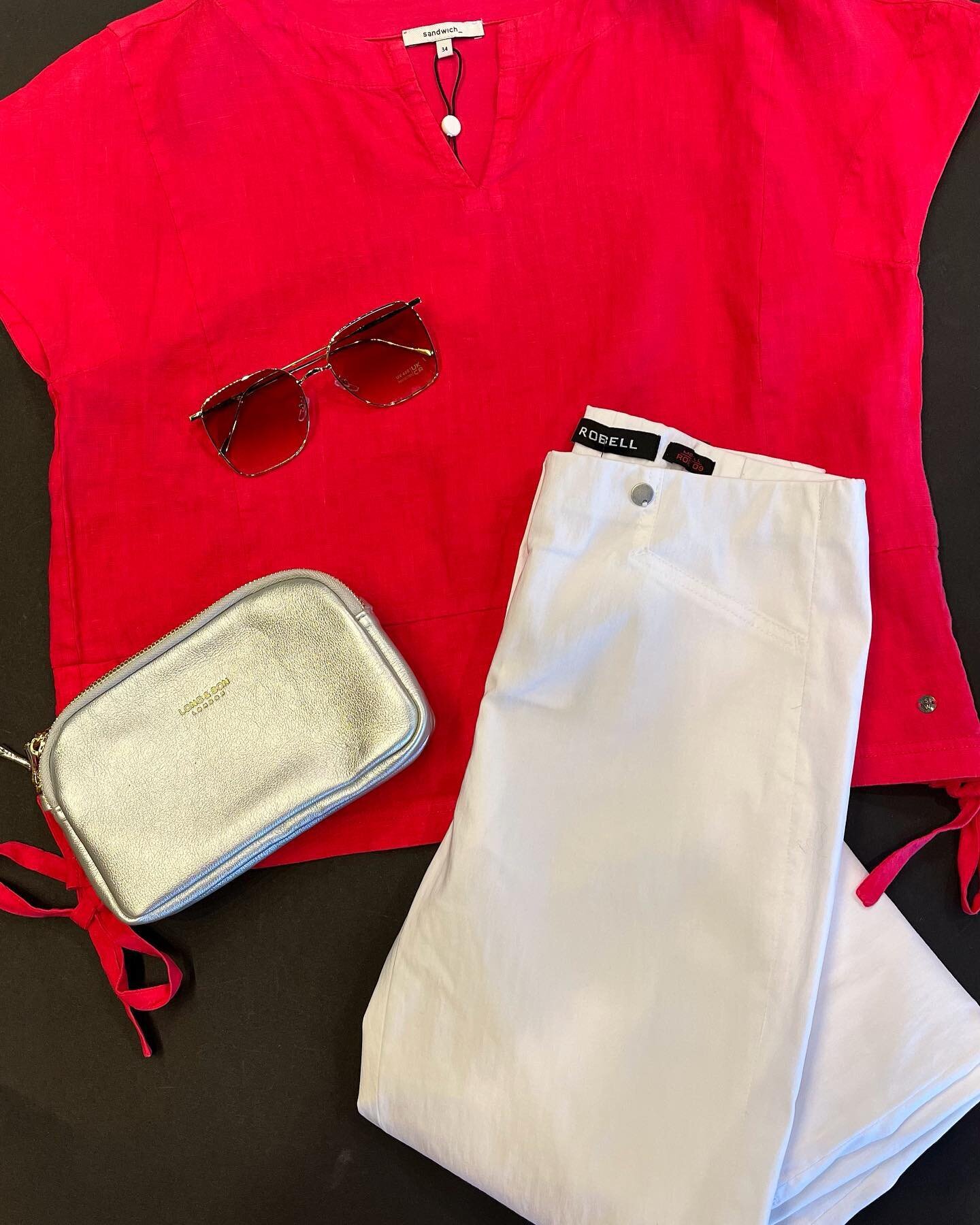 Ready for the better weather with this hot pink top by Sandwich and it&rsquo;s lovely ties, (although it looks more red in this photo but red also works too!) white trousers and not forgetting a few accessories 👜👓.
