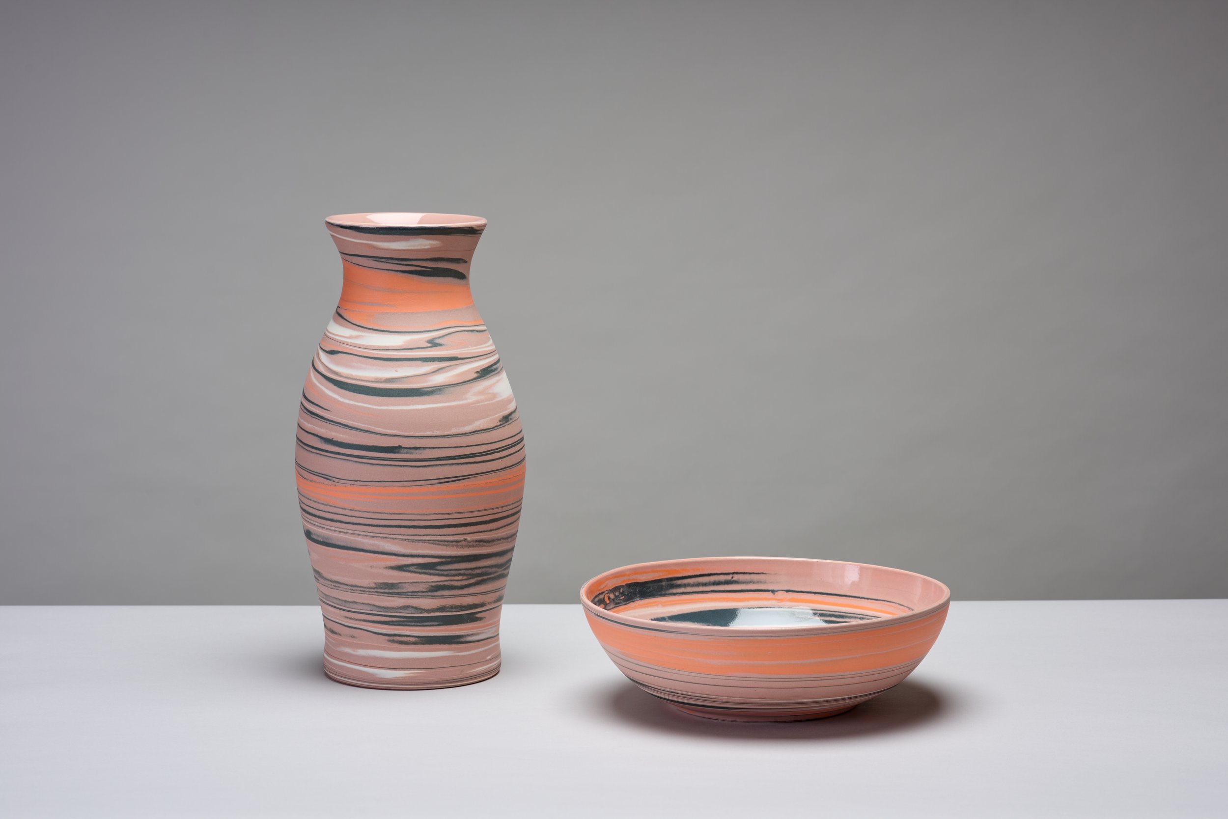 Stone rose, black, white, orange, thrown and turned agateware. Vase 32cm x 16cm. Bowl. 24cm x 9.5cm