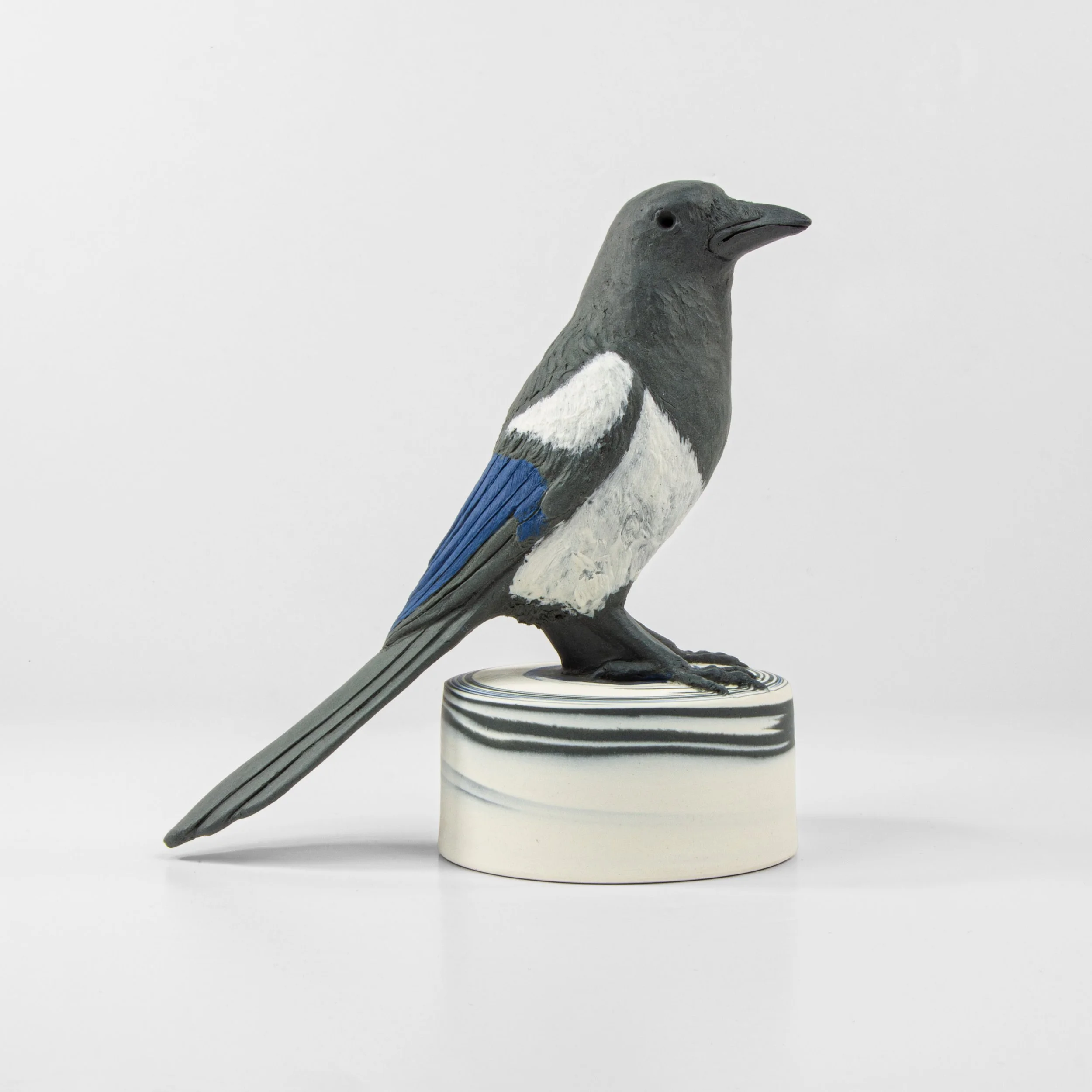 'Majestic Magpie' Hand modelled and thrown stained porcelain. Ht 170cm width 160cm. (Base Ht 50x90cm) 