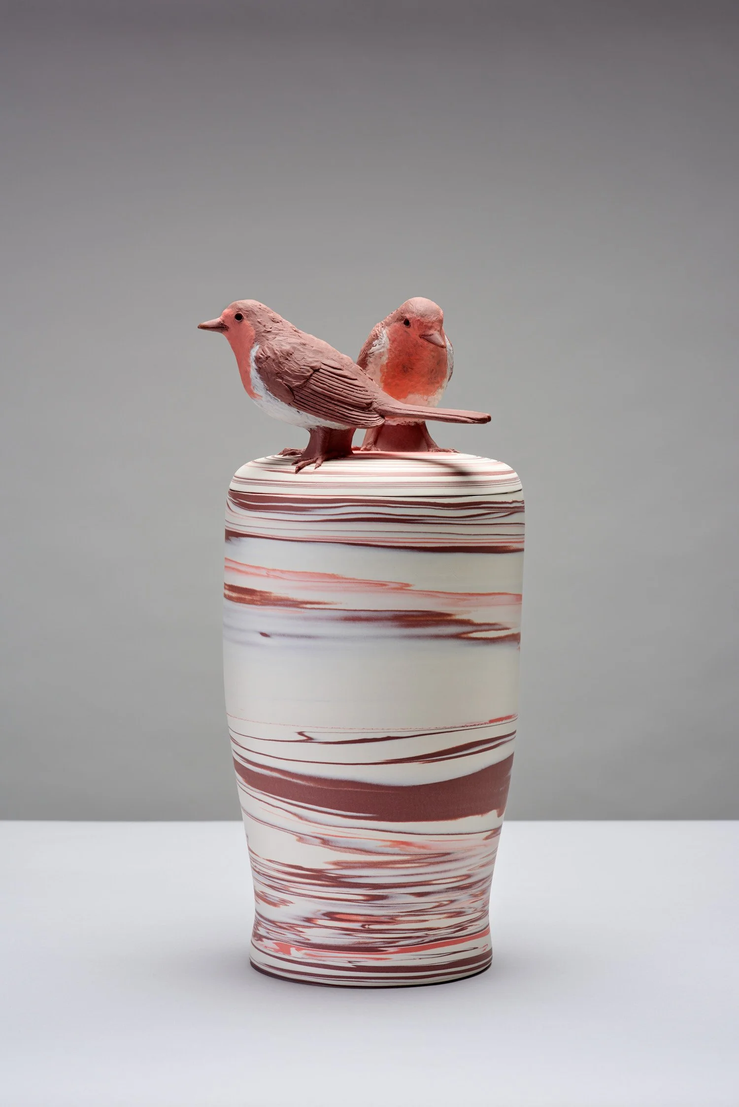 
'Two Robins' When robins appear loved ones are near. Lidded Vessel. Thrown, turned and hand modelled porcelain. Ht 39.5cm x 17cm