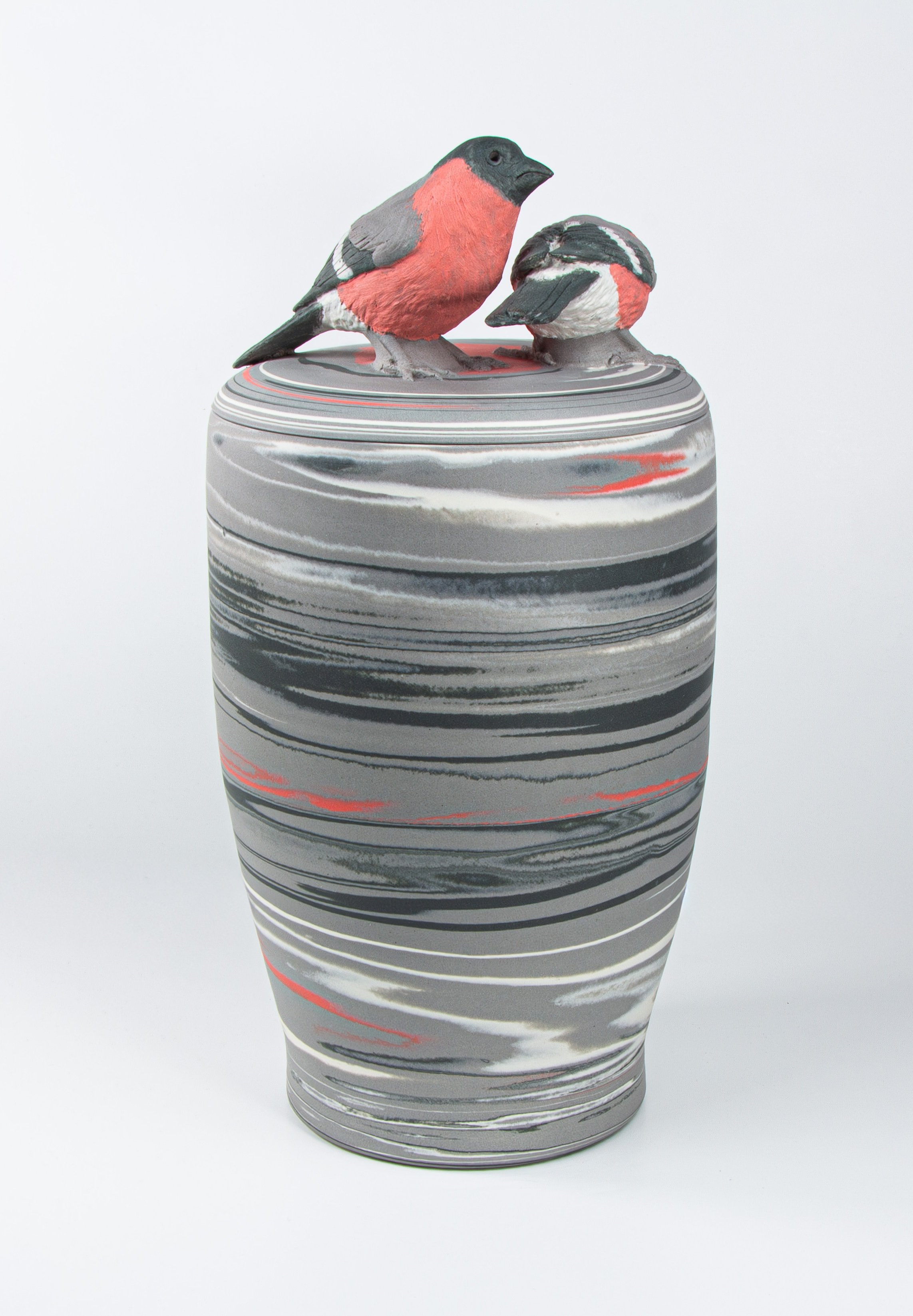 'Two Bullfinches' Lidded vessel. Thrown, turned and hand-modelled agateware in a porcelain body. Glazed on the inside and hand polished on the outside. Ht 36.5cm x width 19cm