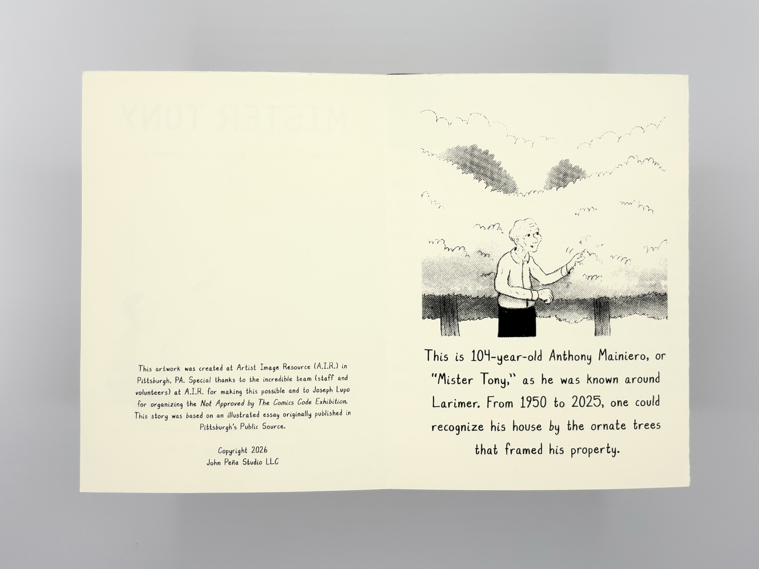 Book opened to first page containing colophon on left page and on right page a drawing a 100 year old man presenting trees he cultivated.