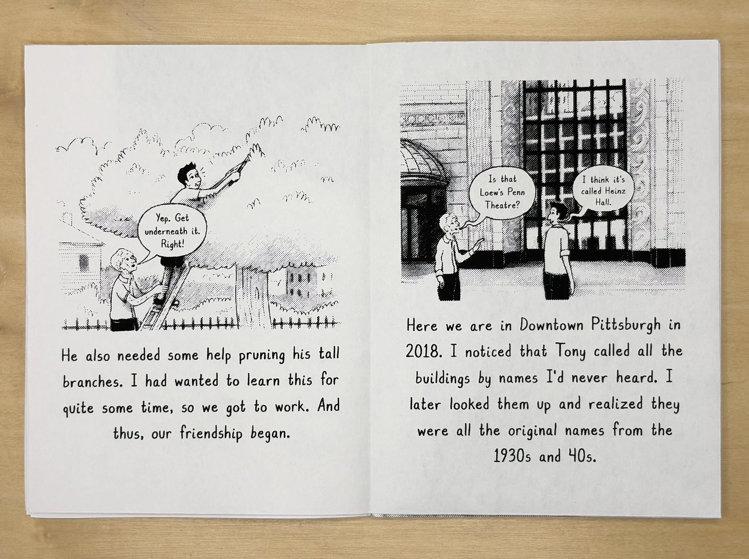 Book opened to left page containing a drawing of a 100 year old man holding the ladder for a 38 year old man who is helping trim a tree.