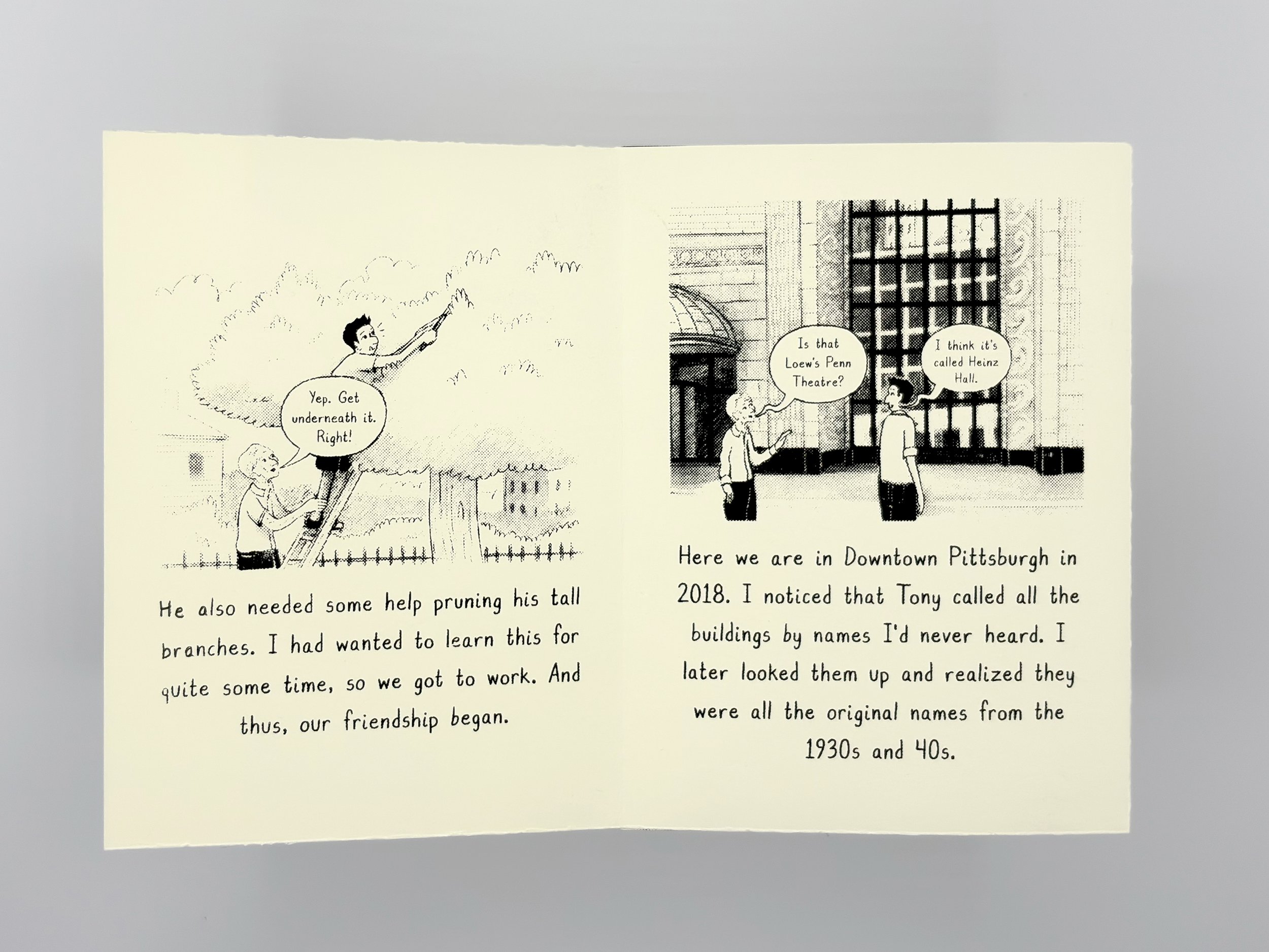 Book opened to left page containing a drawing of a 100 year old man holding the ladder for a 38 year old man who is helping trim a tree.