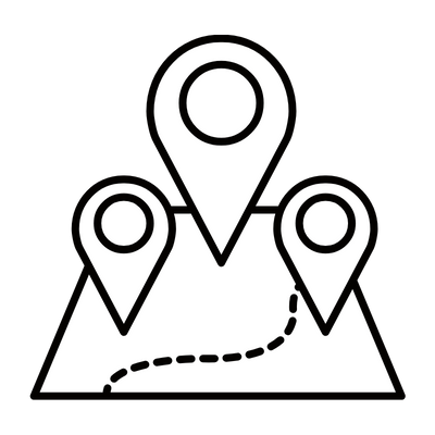 Map with three location pins connected by a dashed path.