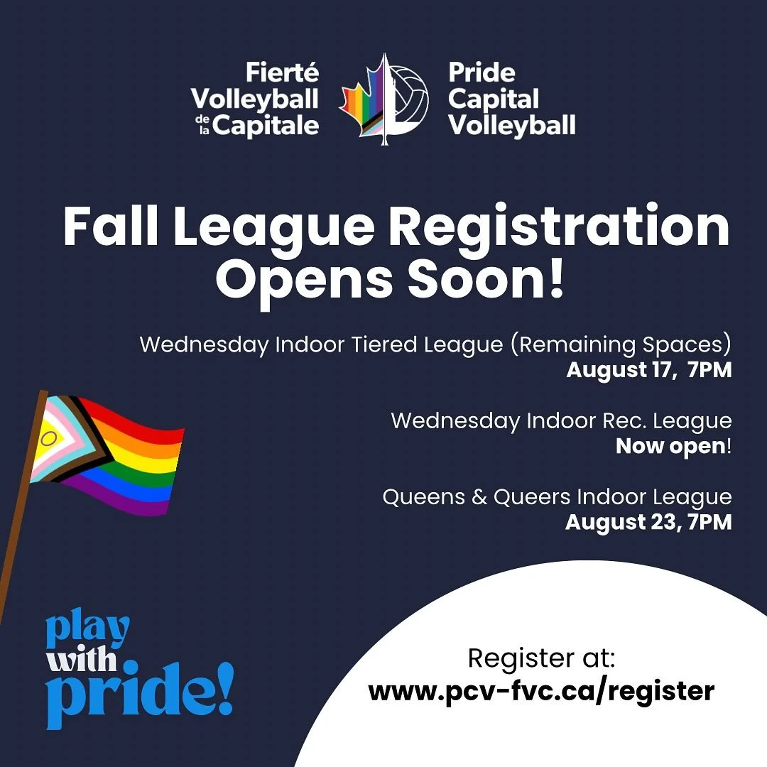 Registration for upcoming Fall Leagues open soon!  Register at www.pcv-fvc.ca/register.

- - - - -

Les inscriptions pour les ligues d&rsquo;automne vont bient&ocirc;t commencer!  Inscris-toi au www.pcv-fvc.ca/enregistrer.