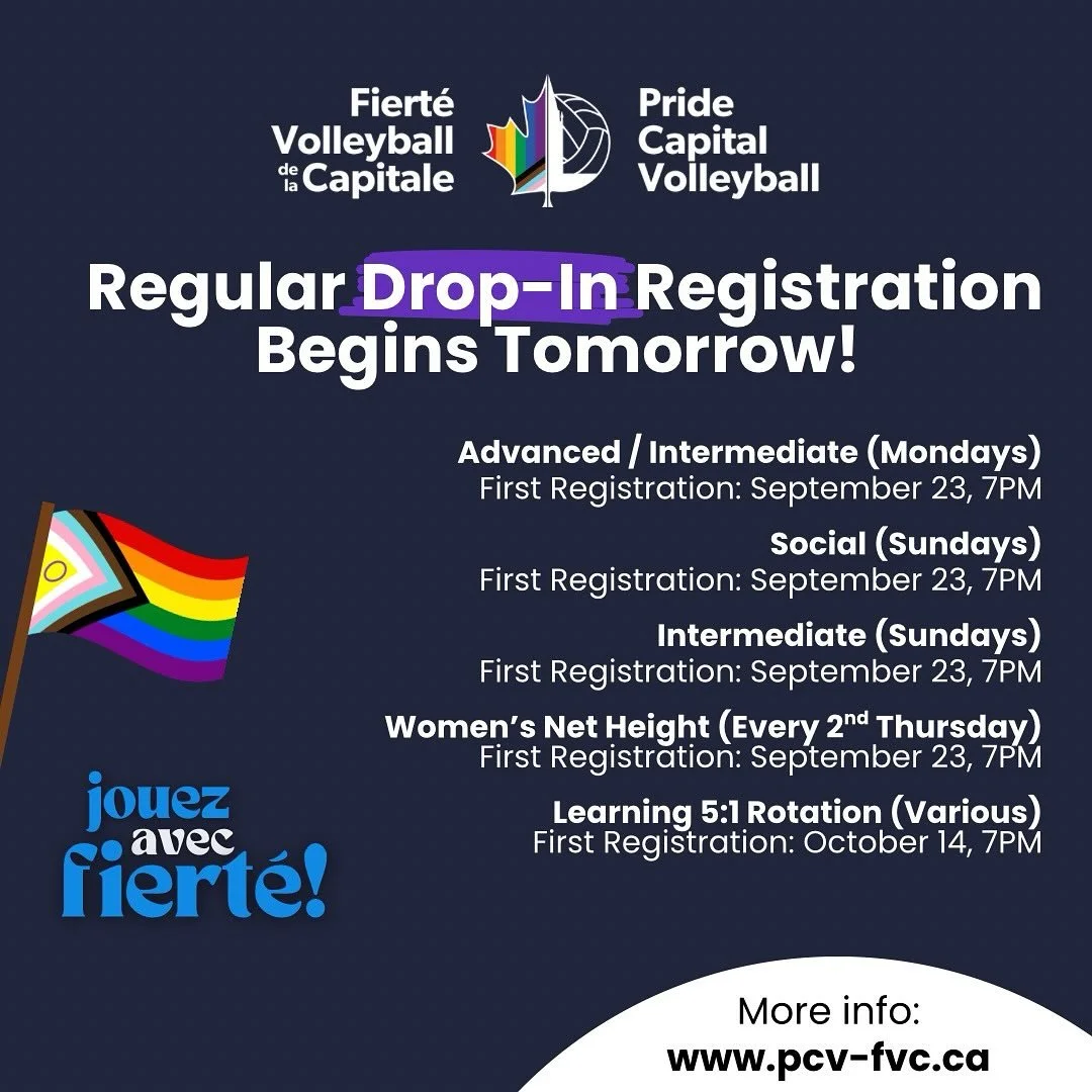 Regular registration for most Drop-In programming begins tomorrow!  More info at www.pcv-fvc.ca.

- - - - -

Les inscriptions r&eacute;guli&egrave;res pour le volleyball libre commencent demain!  Pour plus d&rsquo;information visitez www.pcv-fvc.ca.
