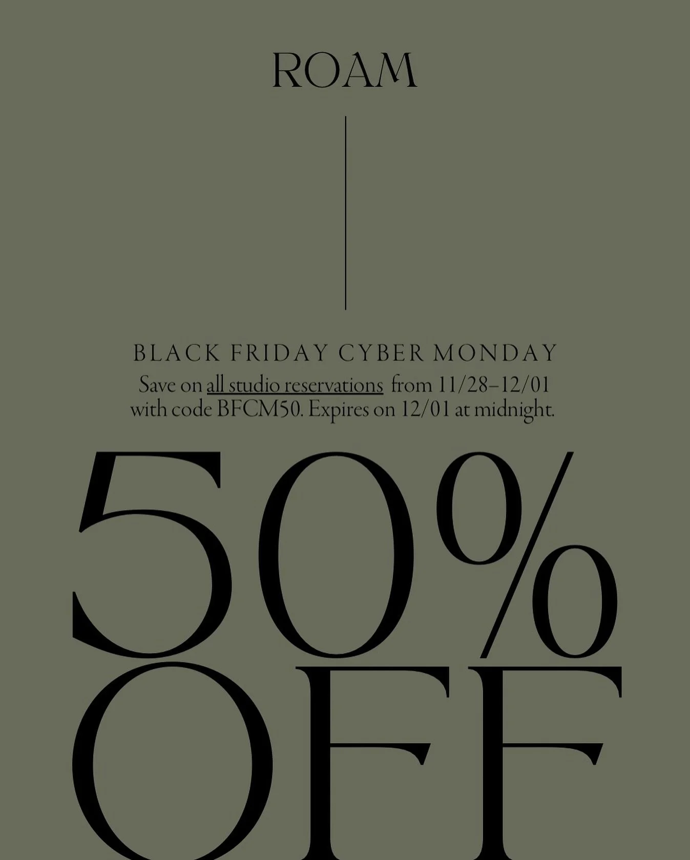 🚨BLACK FRIDAY CYBER MONDAY &mdash; 50% OFF ALL studio reservations booked now through 12/01 with code BFCM50.

Run, don&rsquo;t walk. 

#RoamCreativeStudio #BFCM2025 #naturallightstudio #OhioPhotographer #StudioRental #PhotoStudioRental #OhioCreativ