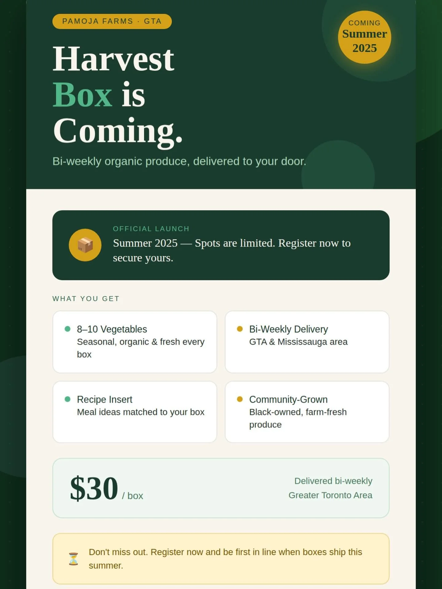 Something special is coming to your neighbourhood this summer 🌱
At Pamoja Farms, we believe fresh, organic food should be accessible to everyone. Our Harvest Box is a bi-weekly delivery of 8&ndash;10 seasonal vegetables &mdash; affordable, and cultu