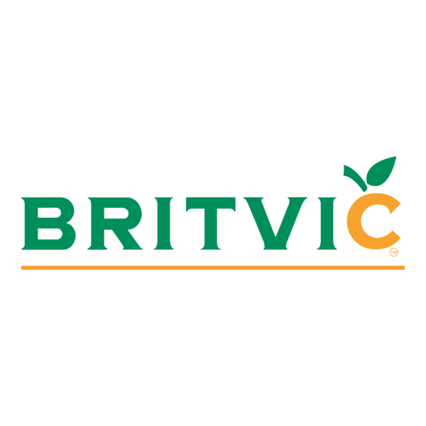 Britvic logo with green and orange lettering featuring a leaf design above the letter 'C'.