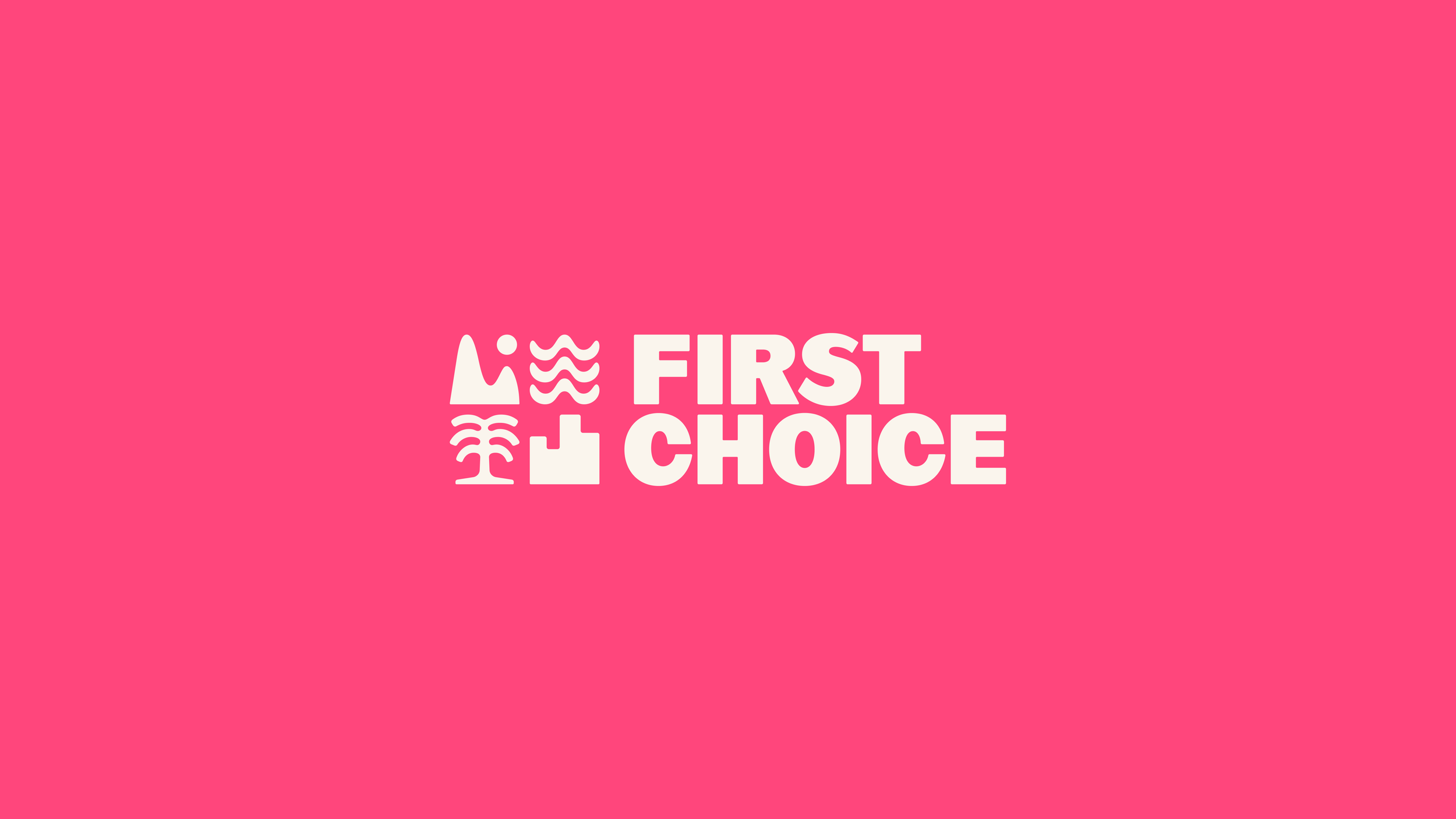 Logo on pink background with white icons of a mountain, waves, palm tree, and building next to the text 'First Choice'.