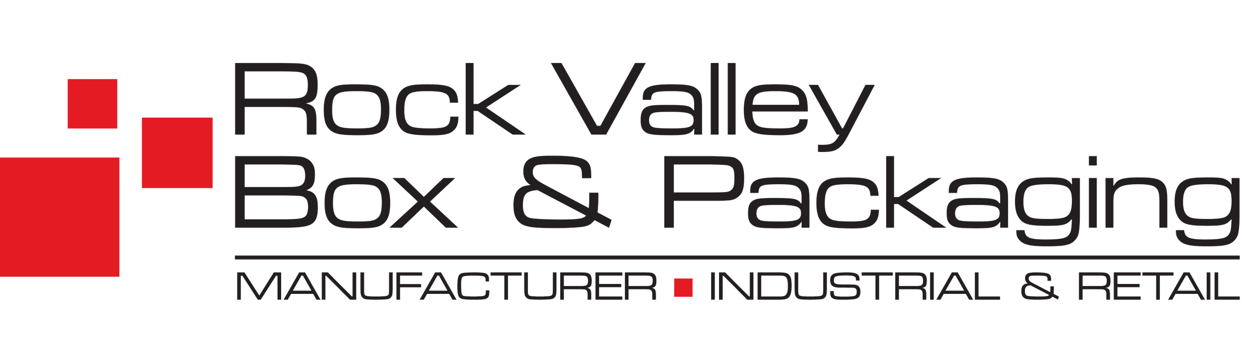 Logo for Rock Valley Box & Packaging with red squares and black text.