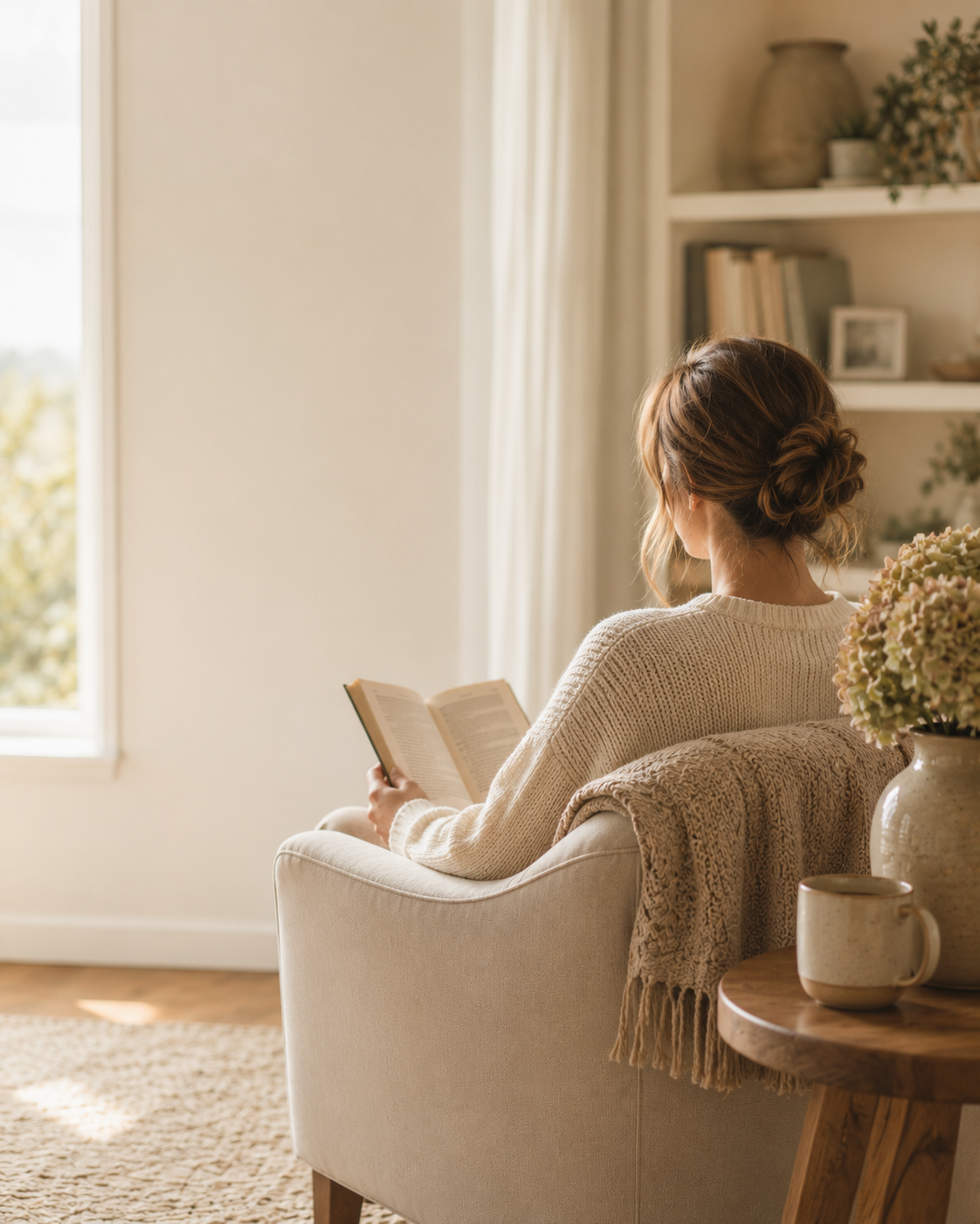 Woman in a cream sweater reading a book in a cozy chair in soft golden light, representing rest, stillness, and emotional renewal.